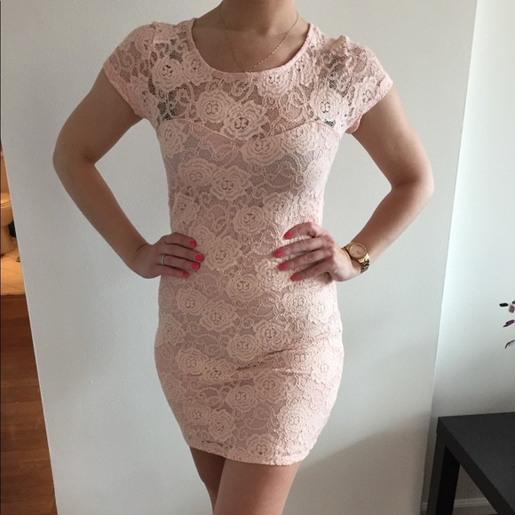 Blush pink Lace Stretch Bodycon Cocktail  Dress - Picture 1 of 2